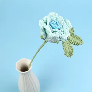 Handmade crochet rose bouquet in gradient blue-green finish with white ceramic vase