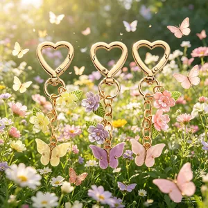 Porte-clés papillon et fleur colorés en jaune, violet et rose avec fermoir cœur