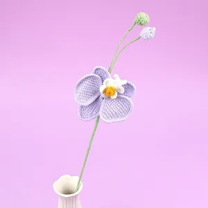 Handmade crochet orchid flower in lavender purple with green buds and stems