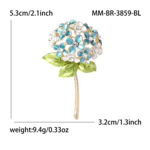 Detailed size view of blue hydrangea brooch pin with dimensions and crystal accents