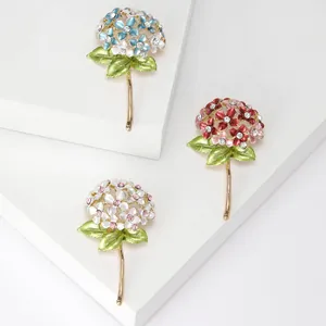 Elegant hydrangea flower brooches with enamel petals and sparkling rhinestones