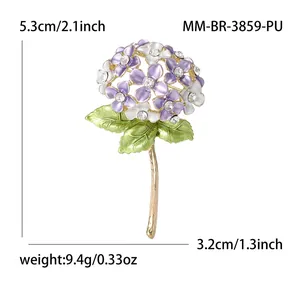 Fashionable enamel hydrangea flower brooch with purple petals and crystal accents
