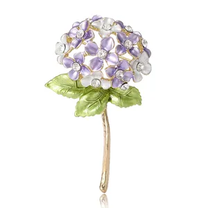 Elegant hydrangea flower brooch with purple enamel petals and sparkling rhinestones