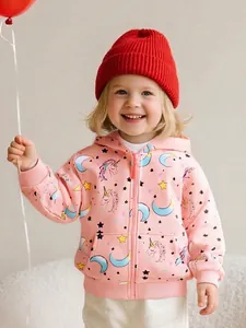 Toddler Girls Hooded Zipper Sweatshirt Knitted Cotton Blend Unicorn Moon Star Print Autumn Long Sleeve Casual Jacket Top