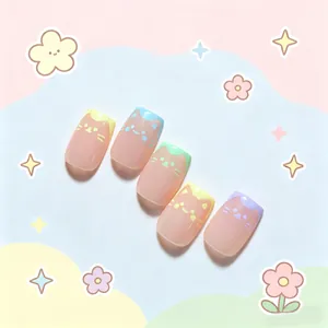 Detail of cat pattern press-on nails with macaron colors and translucent base
