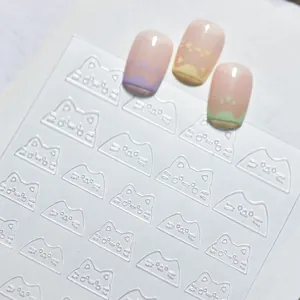 Macro detail of white cat pattern nail art stickers with sample manicure examples