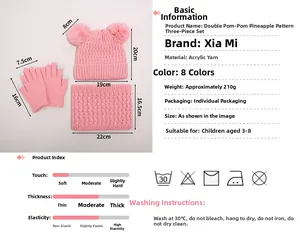 Size chart for pink knit winter set including double pom hat, scarf, and touch gloves