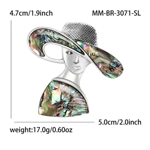 Fashionable lady brooch with abalone shell inlay in silver metal finish, 5cm width