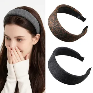 Padded Woolen Wide Headband For Women Retro Leopard Print Solid Color Sponge Hairband Daily Fashion Hair Accessories