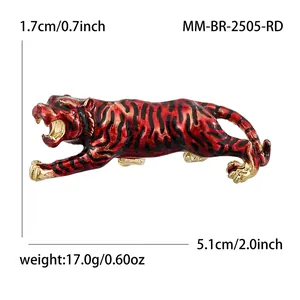 Running tiger brooch in golden alloy and red enamel with size and weight parameters