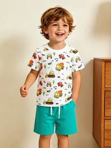 Ensemble T-Shirt et Short en Coton d'Été pour Garçons avec Imprimé de Véhicules de Chantier Dessin Animé Décontracté