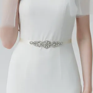 Luxurious Bridal Belt With Rhinestone Flower Leaf Pattern Off-white Satin Sash For Wedding Gown Banquet Dress For Women