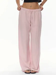 Detail of light pink high waist elastic band with drawstring on wide leg pants