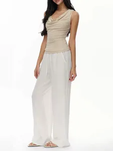 Women's wide-leg tencel linen casual trousers with elastic drawstring waist and loose fit