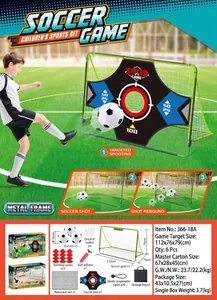 Close-up of portable soccer goal set with training cones, rebounder net and pump