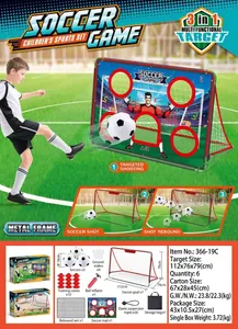 Close-up of portable soccer goal set including metal frame and multi-function target nets