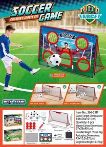 Detail view of 3-in-1 foldable kids soccer goal set with accessories and dimensions