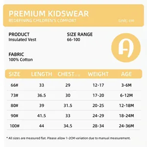 Size chart for cotton baby thermal vest showing measurements for ages 3-36 months