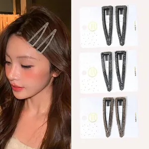 Fashion Handmade Rhinestone Hair Clip Set For Women Sparkly Waterdrop Rectangular Geometric Snap Clip Daily Party Hair Accessories