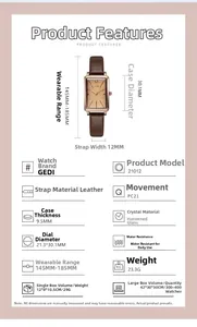 Détails techniques de la montre à quartz vintage avec bracelet cuir brun et boîtier en or rose