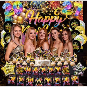 2027 Happy New Year party decoration set with fireworks background and gold balloons