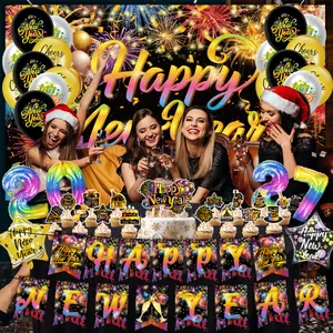 2027 New Year party decoration set with rainbow foil balloons and backdrop