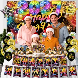 2024 New Year party decoration set with fireworks backdrop, balloons and festive banners