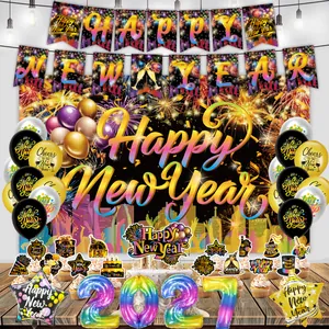 Happy New Year Party Decoration Set With Fireworks Backdrop Latex Balloons Banner Cake Toppers For New Year Eve Celebration Home Party Decorations
