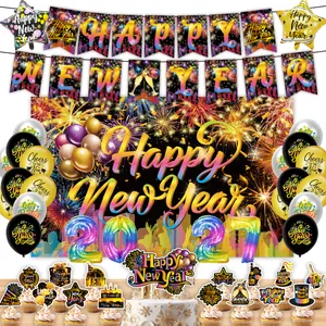 Detailed 2027 Happy New Year party decoration set with banners balloons and backdrop
