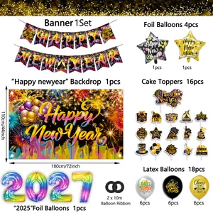 New Year party decoration set with black and gold 2027 balloons, banner and backdrop