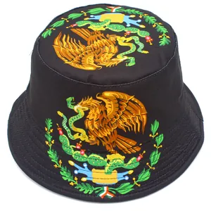 Cappello da pescatore nero con stemma del Messico ricamato per protezione solare