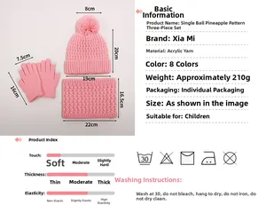 Detailed size specifications for pink knitted hat, scarf and gloves set for kids