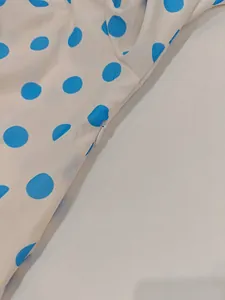 Detail shot of invisible side zipper on vintage polka dot dress with blue print