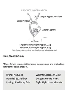 Detailed size specifications for the S925 sterling silver heart pendant necklace