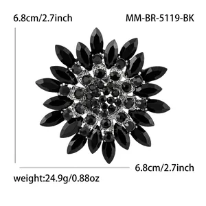 Elegante spilla a girasole con cristalli neri su base argento diametro di 6,8 cm