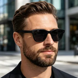 Close-up of men polarized sunglasses with matte black frame and silver rivets
