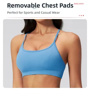 Blue sports bra with thin straps and removable pads featuring ribbed support band