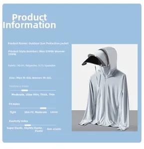 Detail view of light grey sun protection jacket with removable brim and size chart