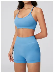 Sky blue seamless yoga set with thin strap sports bra and high waisted ribbed shorts
