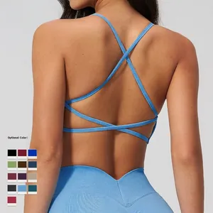 Light blue seamless yoga bra with cross-back straps and ribbed texture activewear set