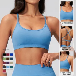 Sky blue seamless ribbed yoga bra set with U-neck and crisscross straps