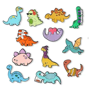 Set of 12 cute cartoon dinosaur enamel pins featuring colorful Jurassic animal badges
