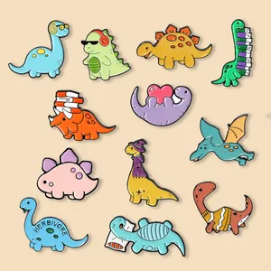 Set of 11 cute cartoon dinosaur enamel pins with colorful creative animal designs