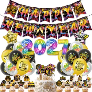 Happy New Year Party Decoration Set Latex Foil Balloons Banner Cake Toppers For Festive Home Eve Celebration Supplies