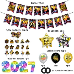 2025 New Year party decoration set with rainbow banners, balloons and cake toppers