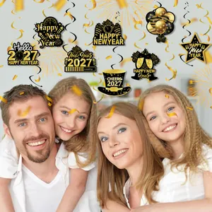 2027 Happy New Year party swirl ceiling decorations set in premium black and gold finish