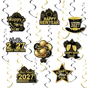 2027 Happy New Year Party Hanging Swirl Decorations Black Gold Double Sided Paper Cards Foil Spiral Streamers For Celebration