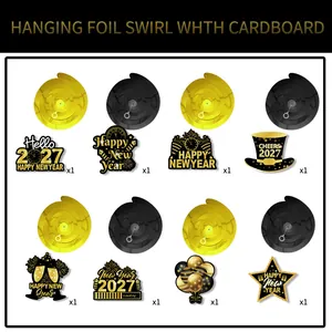 Detail of 2027 New Year party foil swirls and themed cardstock pendants in gold and black