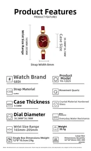 Detail specifications of red leather strap watch with rhinestone dial dimensions