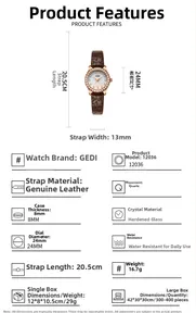 Detailed technical diagram of rose gold quartz watch with dial dimensions and leather strap